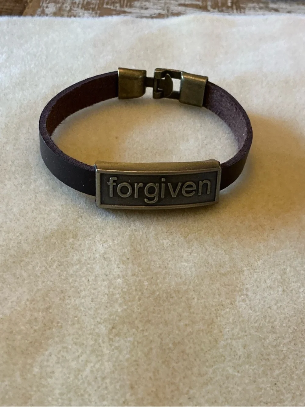 Forgiven Brown Leather Bracelet with Antique Brass Plate, 8”
